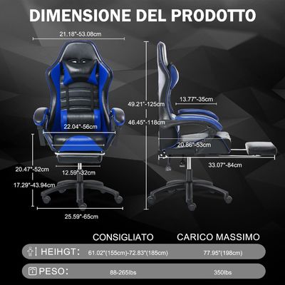Ergonomischer Spielstuhl mit verstellbarer Höhe und Fußstütze in individueller Farbe