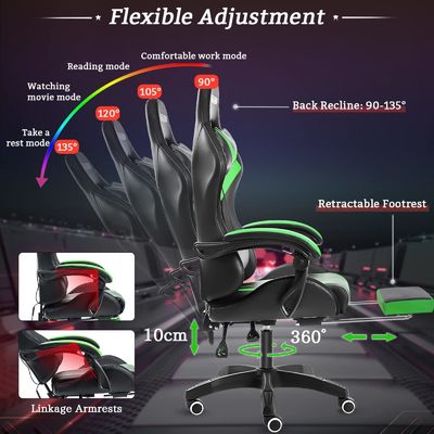 Modernes Design ALINUNU Ergonomischer Computermassage Spielstuhl mit LED-Leuchten und Fußstütze