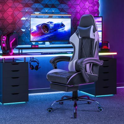 Ergonomischer Computerstuhl mit Fußstütze und Massage Lendenunterstützung Metall-Aluminium