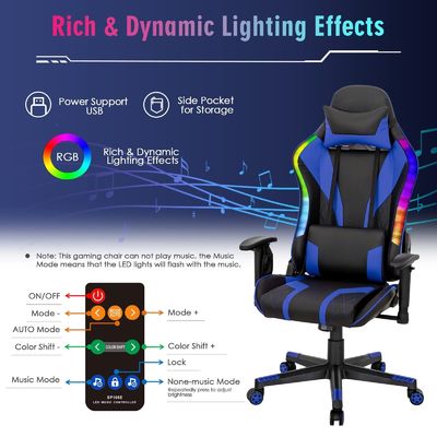 Ergonomischer Videospiele-Stuhl mit RGB-LED-Leuchten und verstellbarem Design