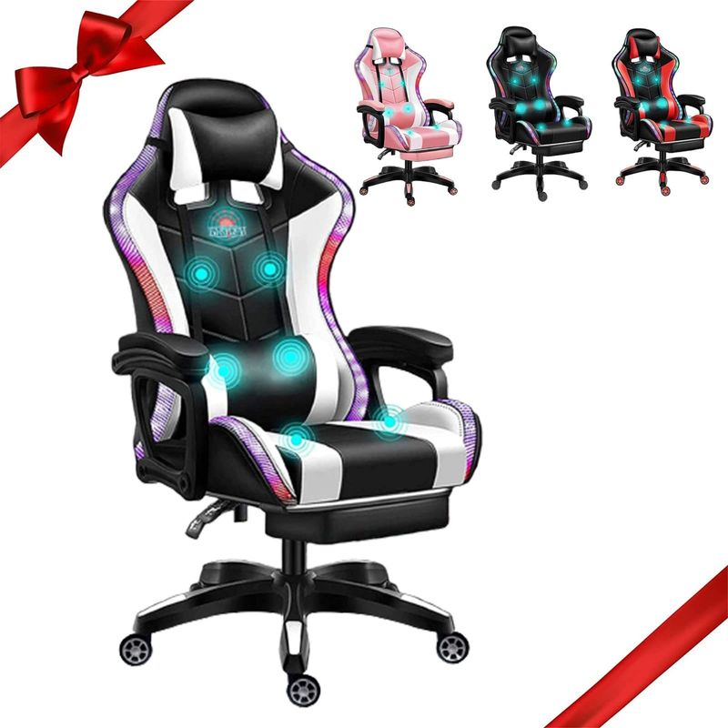 ALINUNU PC Massage Gaming Chair Drehbare LED-Rennstuhl mit Lautsprecher und Lendenkissen